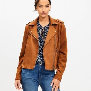 LOFT Moto Jacket Womens Medium Petite Tan Camel Asym Zip Biker